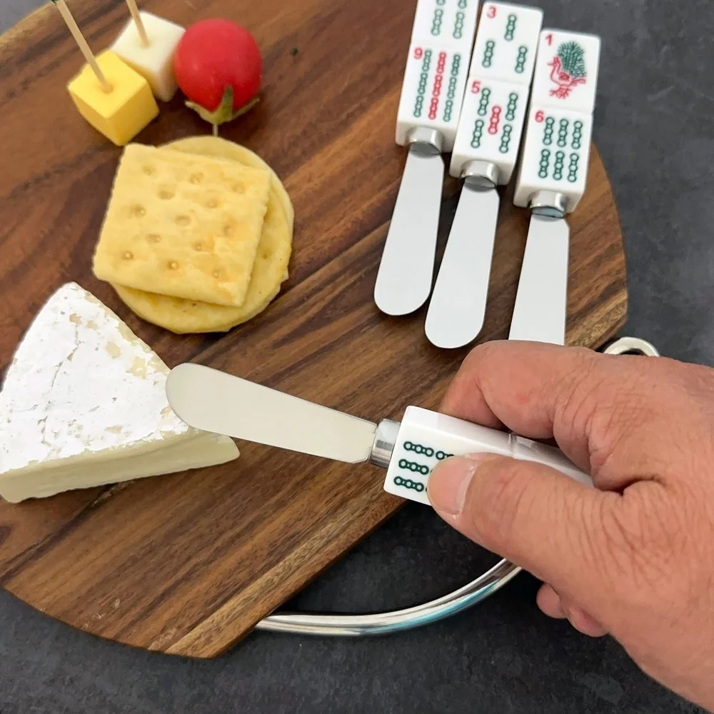 Mahjong Decor 4-Piece Hand Painted Resin Handle with Steel Blade, Bamboo Charm